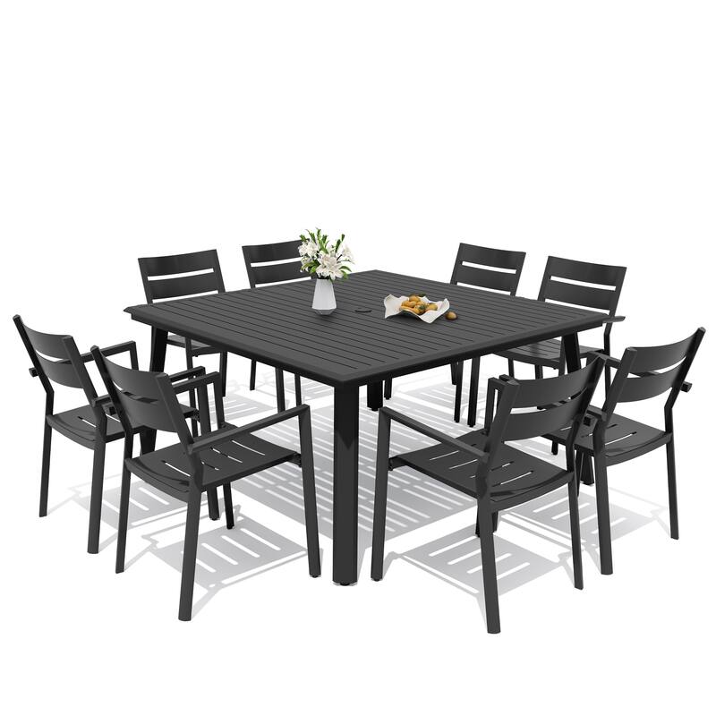 9-Piece Outdoor Patio Dining Set All-Weather Aluminum Square Table with Umbrella Hole and Stackable Chairs