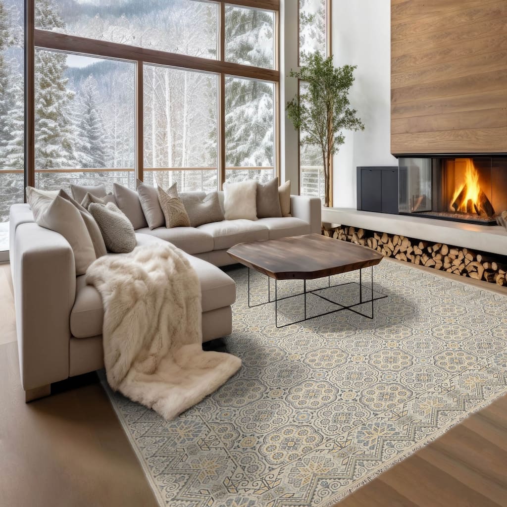 Beige 100% Wool Oriental Rug, Hand Knotted in Transitional Style - 8' x 10'