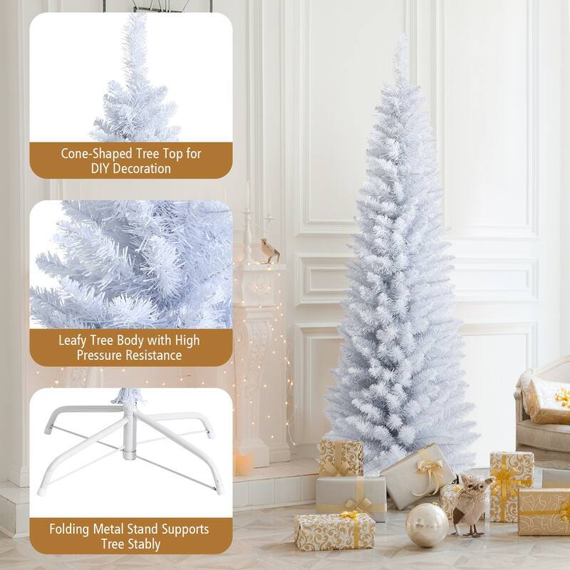 Gymax 5/6/7 FT Artificial Pencil White Christmas Tree Leafy Unlit Slim