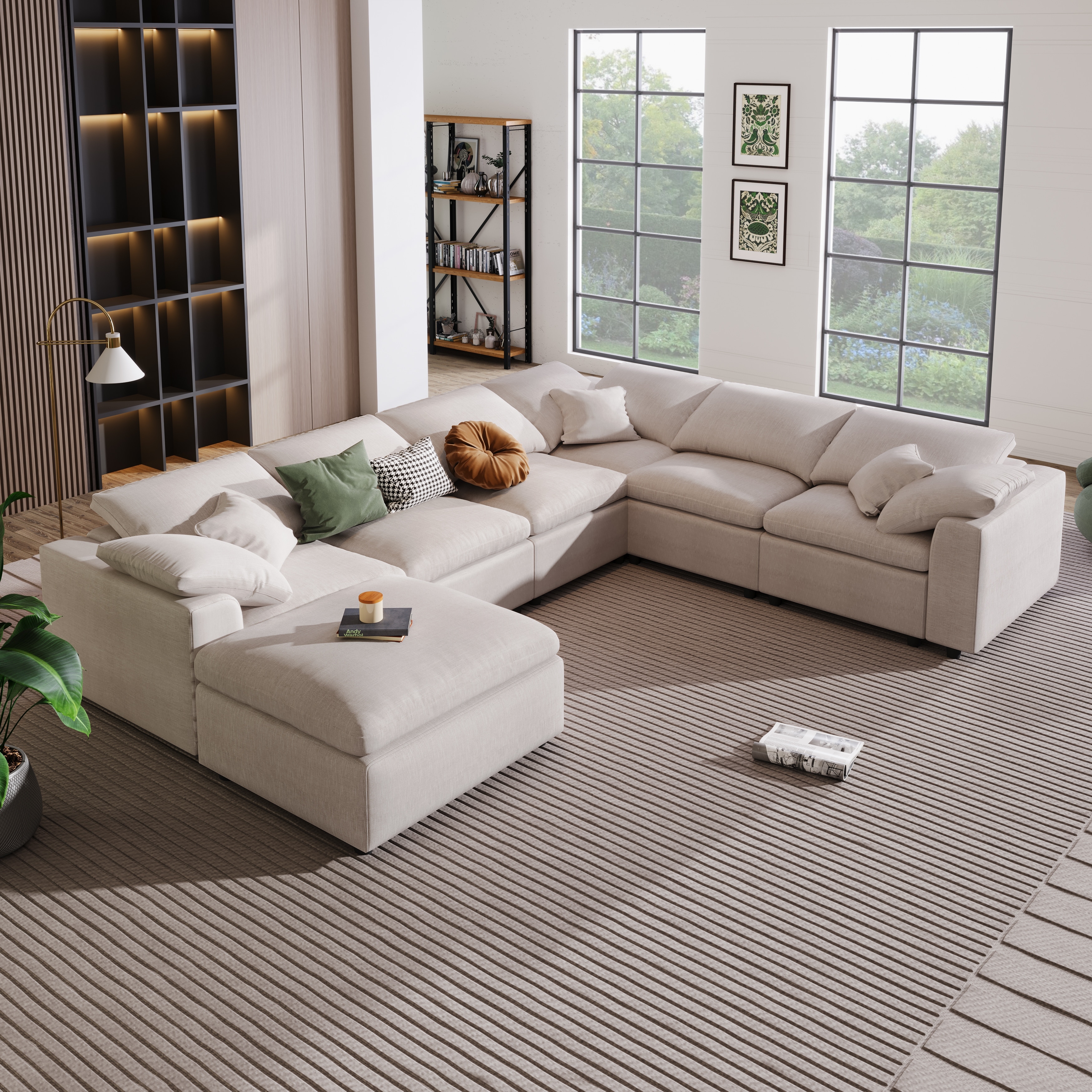 Beige L-Shape Sectional Sofa Living Room Corner Sofa with Ottoman