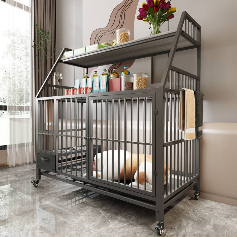 Large Pet Cage with Storage Rack, Drawers with Food and Water Basins, Double-Layer Storage Rack, Iron Frame and MDF Material