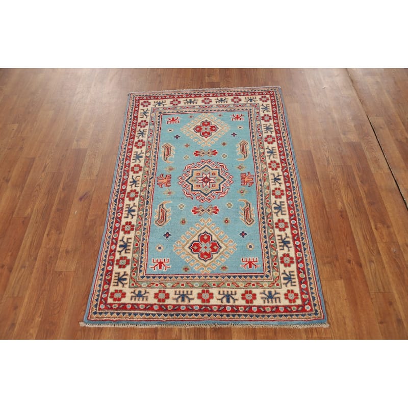 Light Blue Kazak Foyer Rug Geometric Hand-Knotted Wool Carpet - 2'8"x 4'2"