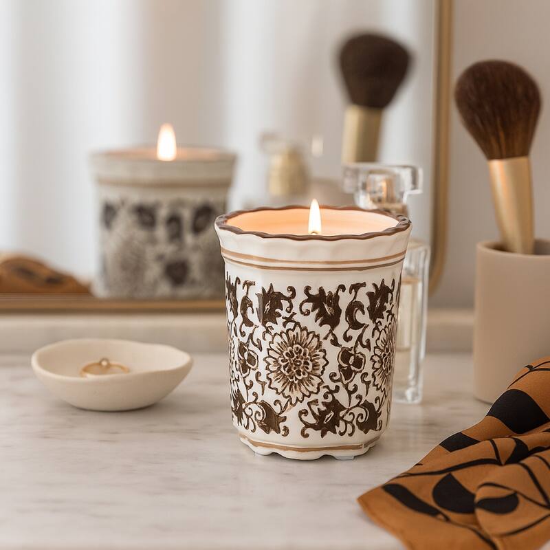 Modern Chinoiserie Ceramic Candle - Jasmine Scented Candle - 5.0" - Brown