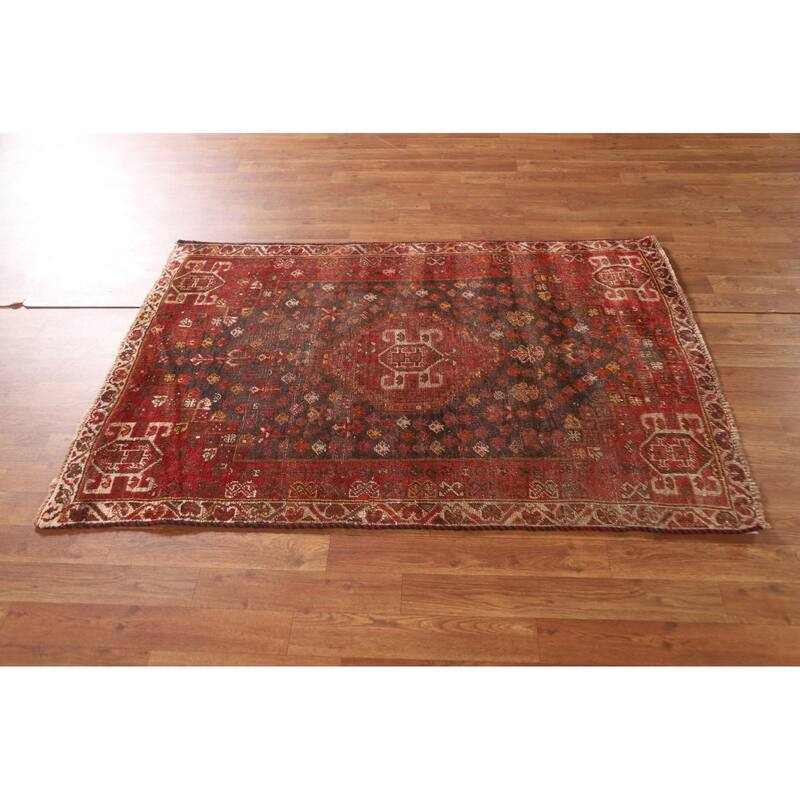 Vegetable Dye Red Shiraz Persian Antique Area Rug Handmade Wool Carpet - 3'3"x 4'11"