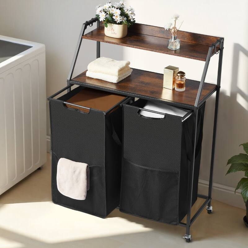 Black Laundry Hamper Sorter on Wheels and 2 Fabric Bags and Wooden Shelves for Home Storage - 27.56 x 12.99 x 41.14 in
