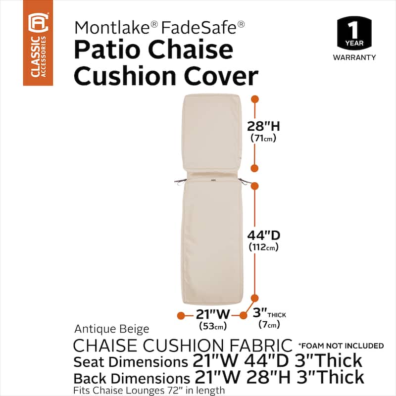 Classic Accessories Montlake Water-Resistant 72 x 21 x 3 Inch Patio Chaise Lounge Cushion Slip Cover, Antique Beige