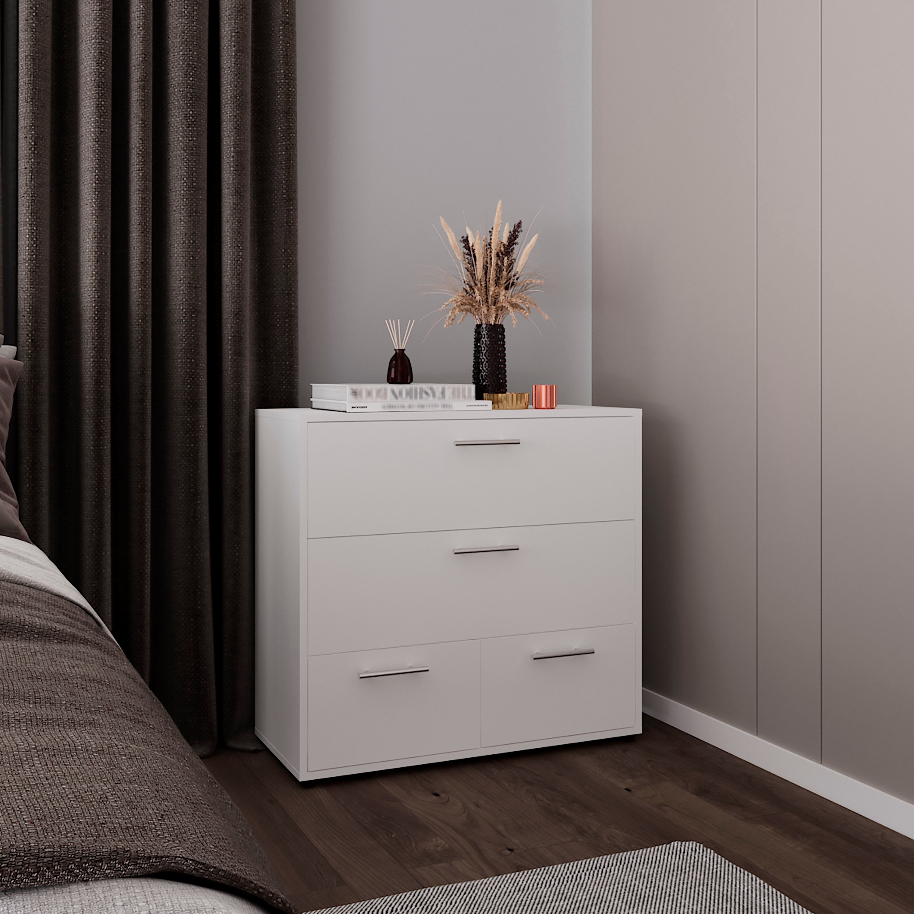 Wide Four Drawer Dresser, Bedroom Storage, White
