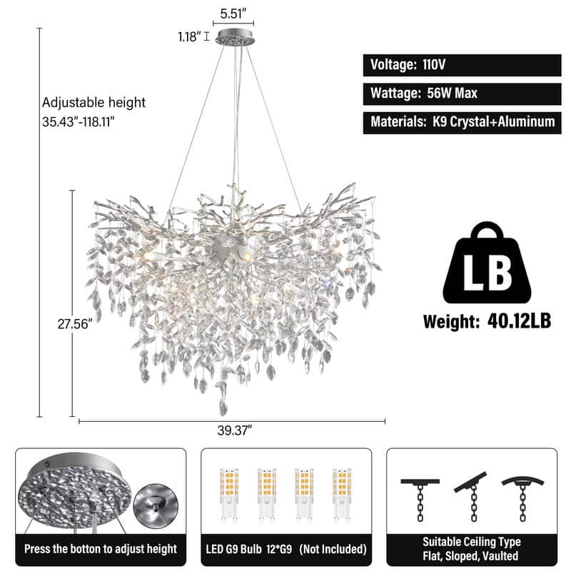 Modern Round Branch Crystal Chandelier, 600-1200mm Diameter, Marquise Cut Crystal Pendant Light