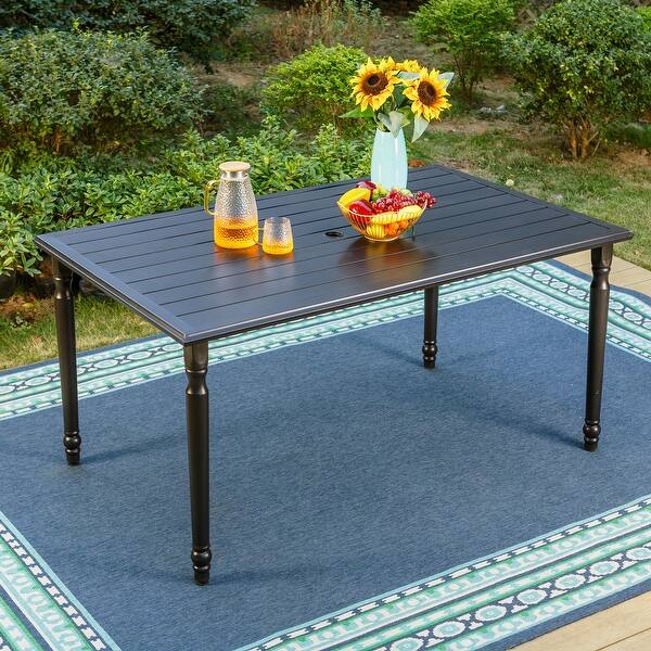 Rectangle Metal Patio Outdoor Dining Table with Umbrella Hole Bed