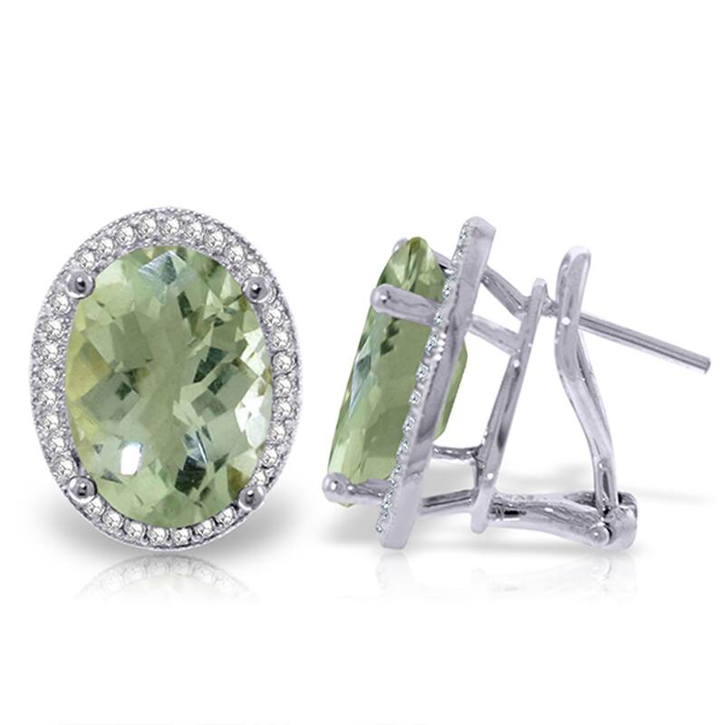 10.56 Carat 14K Solid Gold French Clip Earrings Diamond Green Amethyst - White