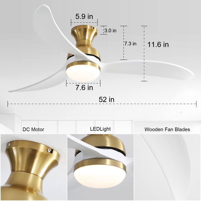 52 inch Smart Ceiling Fan Light with Remote Control with 3 Wood Blades,Flush Mount,Dimmable LED - 52 inch