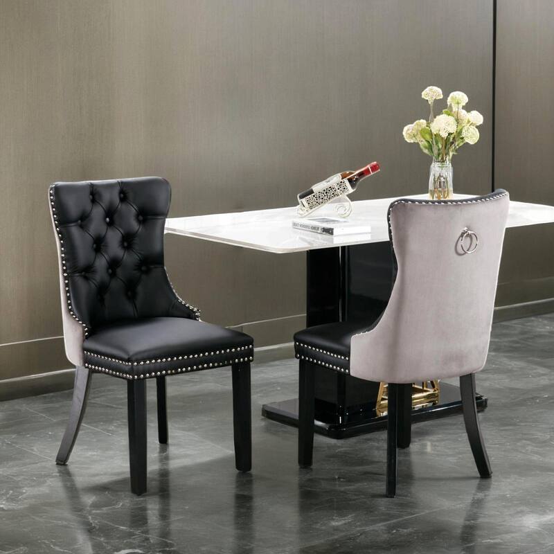 Set of 2 PU Leather and Velvet Dining Chairs Tufted Back with Nailed Trim and Back Ring Pull Home Kitchen Dining Room Chairs