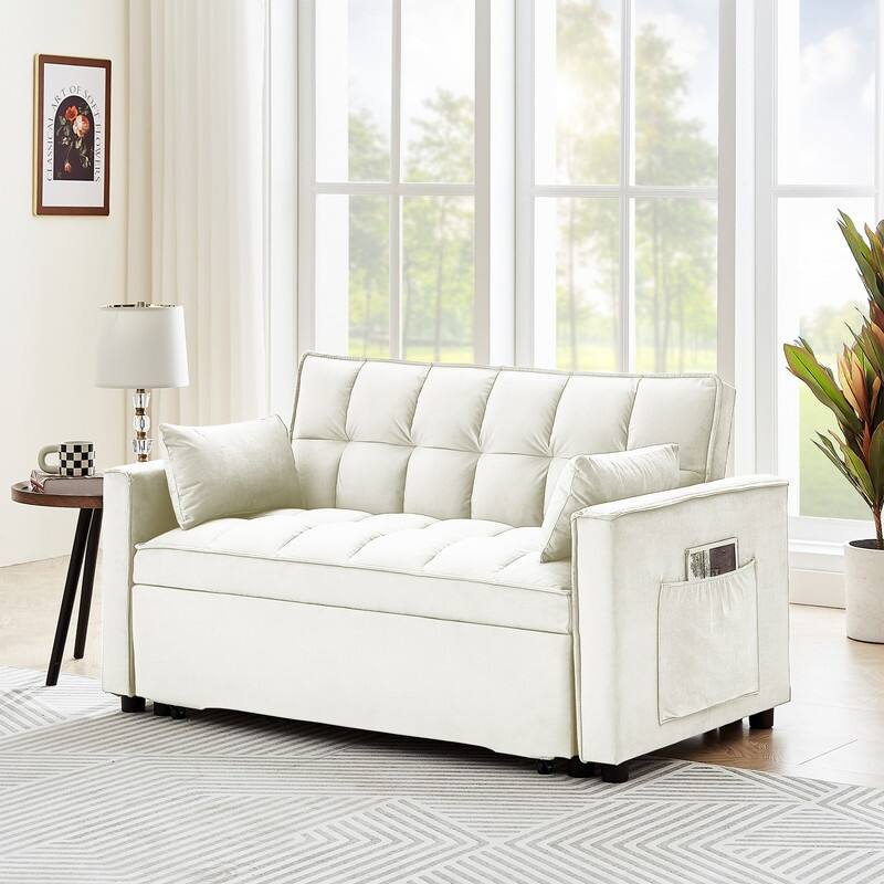 55" Modern Velvet Convertible Sleeper Sofa Bed Couch w/Pull Out Bed,Pillows and Side Pockets