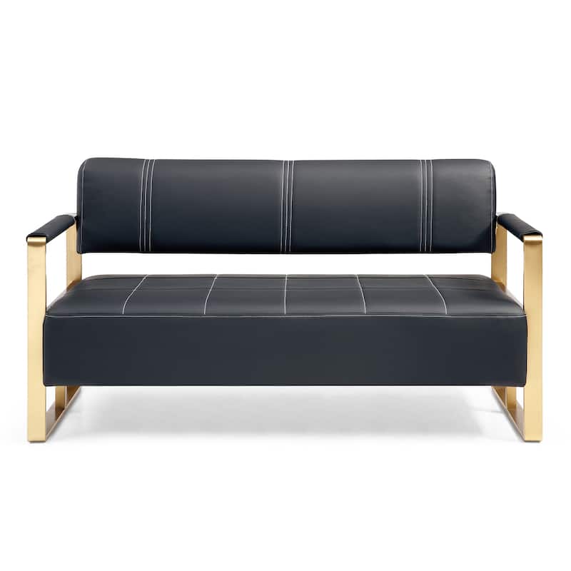 Upholstery Faux Bonded Leather Loveseat Sofa with Golden Metal Arms - Black