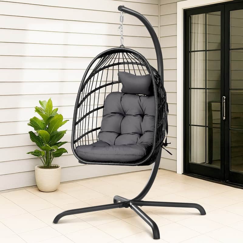FINCATI Outdoor Oversized Luxury Hanging Egg Chair with Stand, 350 lbs Indoor Egg Swing Chair with Stand, Egg Chair Outdoor - Dark Grey