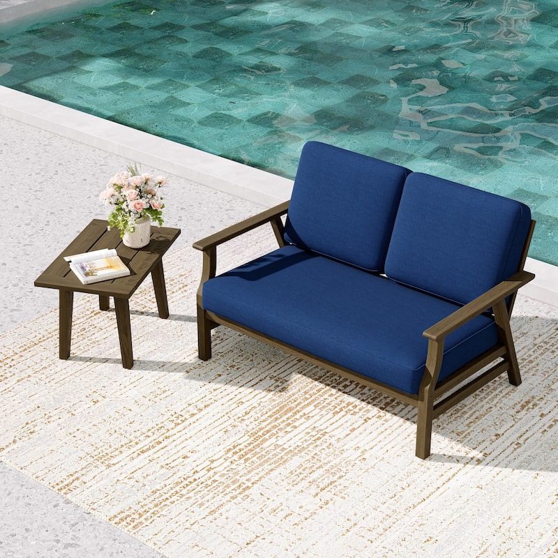 2-Piece Teak Outdoor Loveseat Set with Table. - Brown Wood - Navy/side table