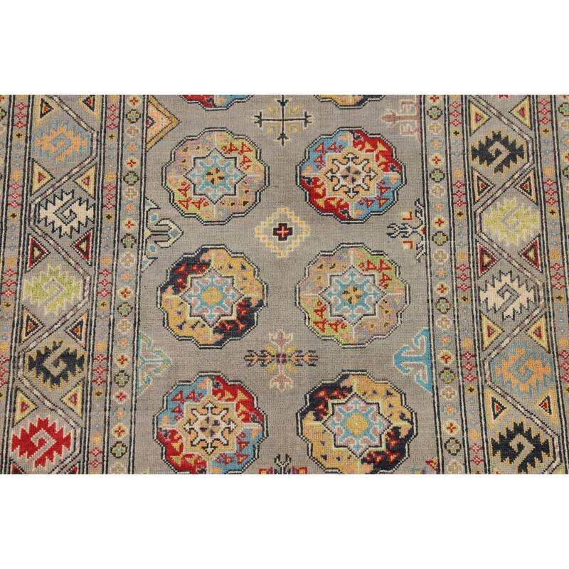 Geometric Kazak Rug Handmade Oriental Grey Wool Carpet - 4'2" x 6'0"