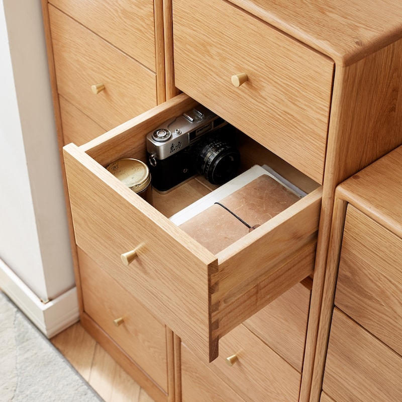 Solid Oak Bedside Table Storage Cabinet for Living Room - Free-Standing Corner Cabinets Storage Table-Four Drawers
