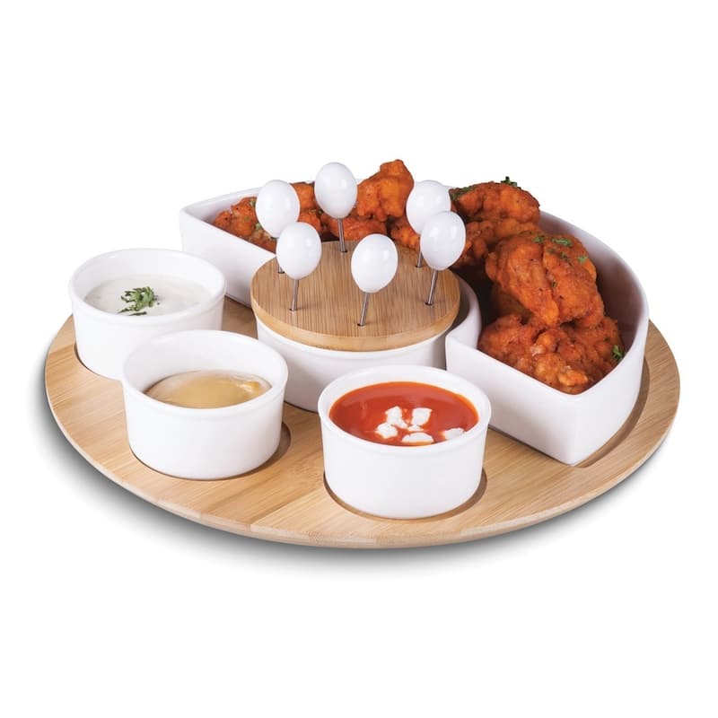 Curata Ceramic and Bamboo Serving Tray Set with 3 Condiment Bowls Semi-Circular Bowl and 6 Cocktail Picks