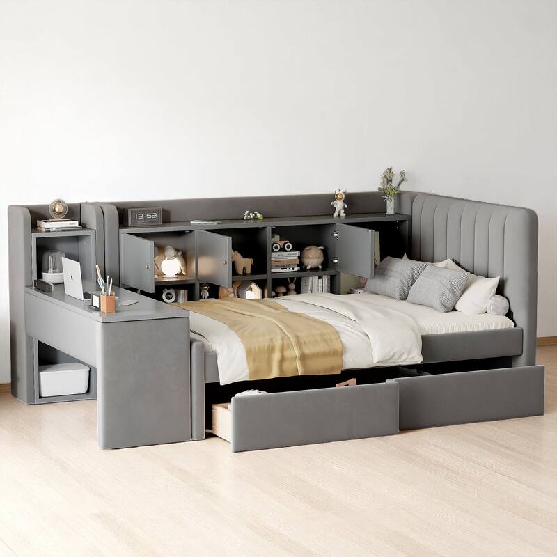 Multi-Functional Twin Daybed with Storage Drawers, Shelves, Flip Cabinets, and Side Table for Small Rooms