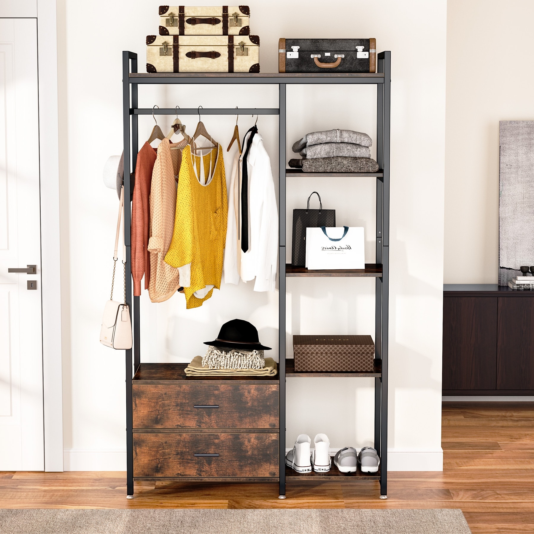 Heavy Duty Garment Rack with 2 Drawers Shelves Hanging Rod Freestanding Closet Organizer Large Open Wardrobe Closet On Sale Bed Bath Beyond 36185481