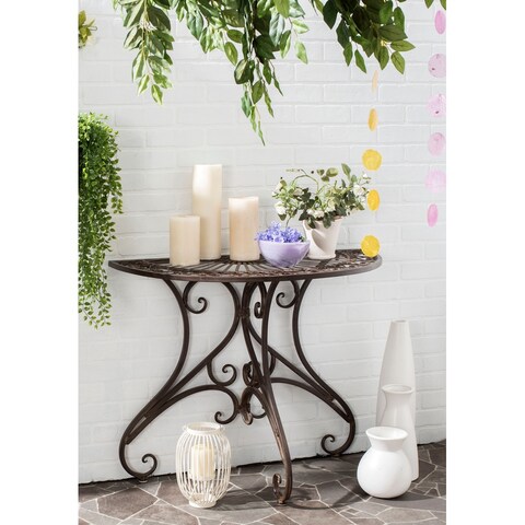 SAFAVIEH Outdoor Living Rustic Annalise Rustic Brown Iron Accent Table - 35.5" x 18.5" x 29.3"