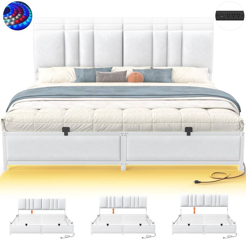 Platform Bed Frame with Ajustable Upholstered Headboard, Bed with USB Port and Charge Station