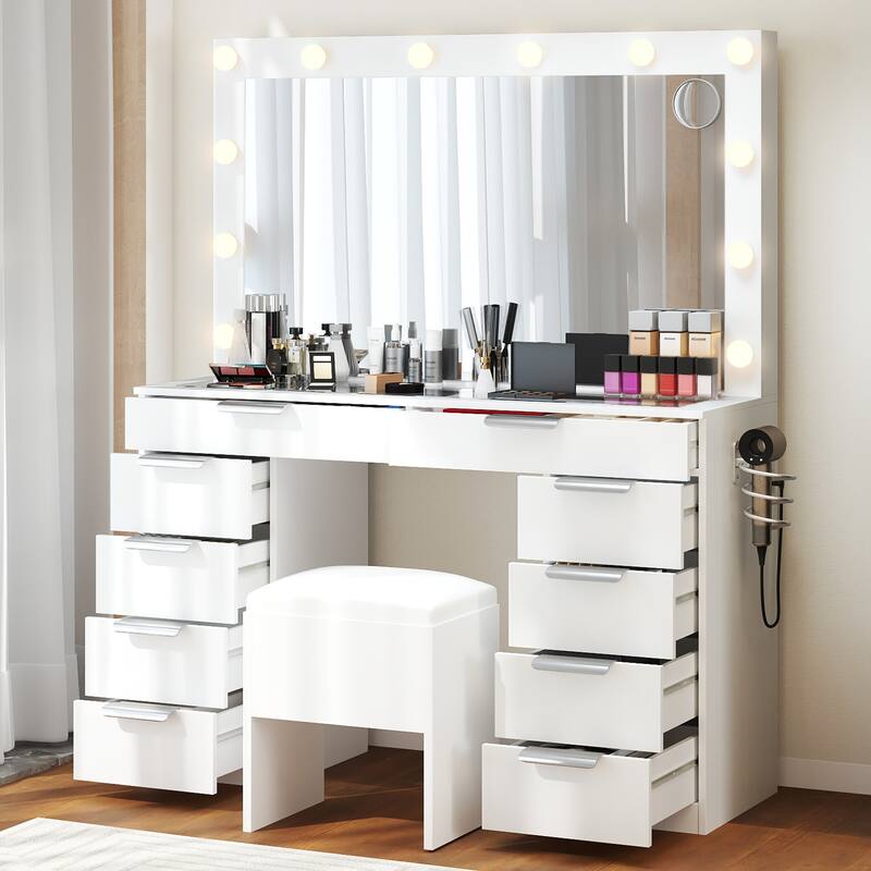 Moasis Mirror and Lights Vanity Desk Makeup Vanity Set with Glass Top and 10-Drawer, Charging Station, Dressing Table - White