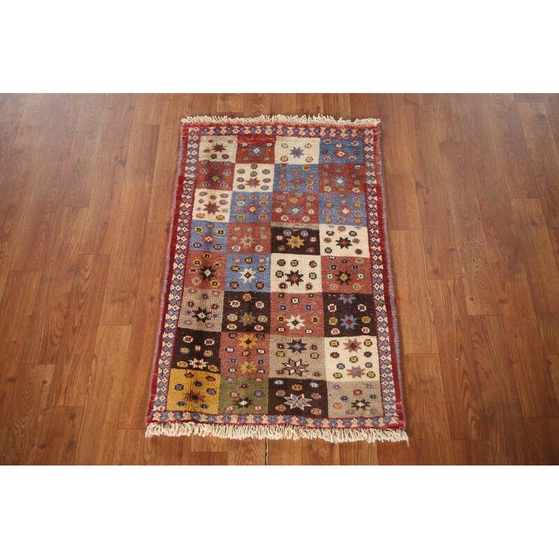 Geometric Yalameh Persian Vintage Area Rug Hand-knotted Wool Carpet - 1'11"x 3'0"