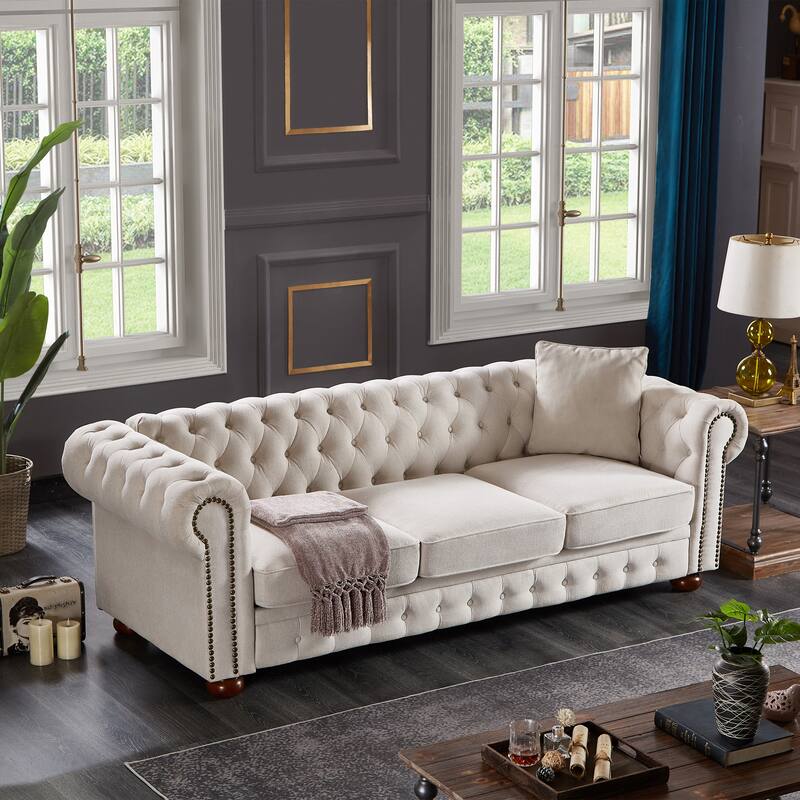 Chesterfield Linen Upholstered Sofa, Button Tufted Sofa with Rolled Arms & Nailhead Trim, 3 Seater Sofa with Rubber Wood Legs
