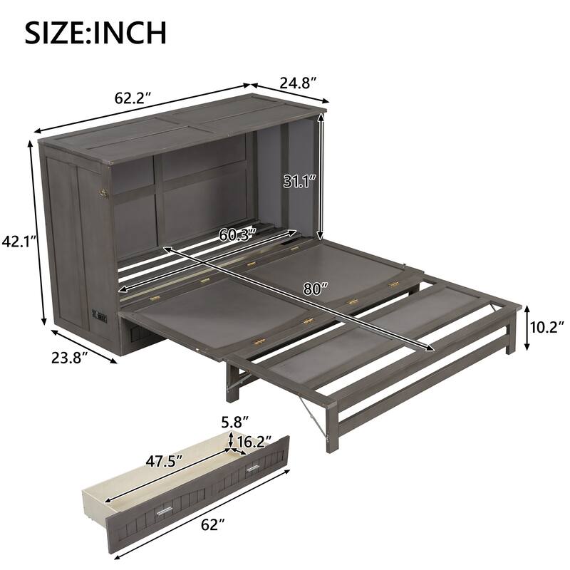 Queen Size Murphy Bed with Built-In Charging Station and Large Storage Drawer, Space-Saving Design, Pine Wood Frame