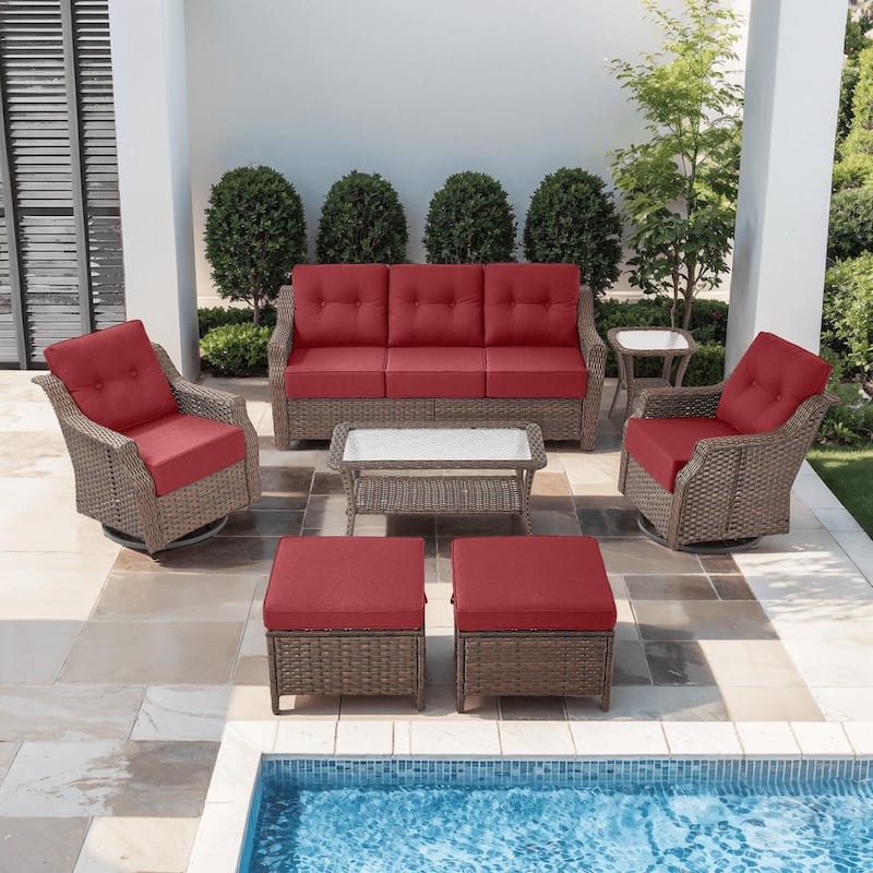 7PCS Outdoor Sofa Glider Chair Table with Ottoman - Brown Wicker & Red Cushion - 7PCS Sofa Glider Chair Table with Ottoman
