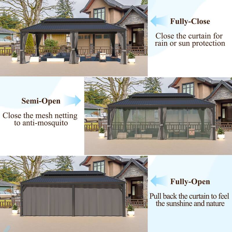 VEIKOUS Aluminum Double Hardtop Gazebo Pergola for Patio, Lawn, and Garden with Removable Curtains and Netting