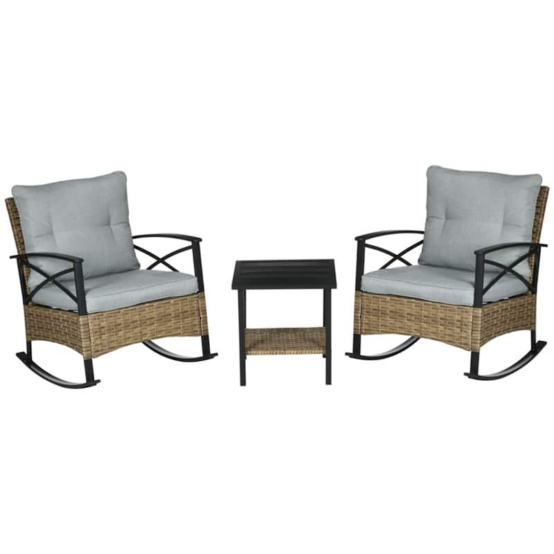 Light Gray Khaki PE Rattan Rocking Chair Set with Cushions and Table - 25.25" W x 34.75" D x 31" H - Light Grey-Khaki-Black