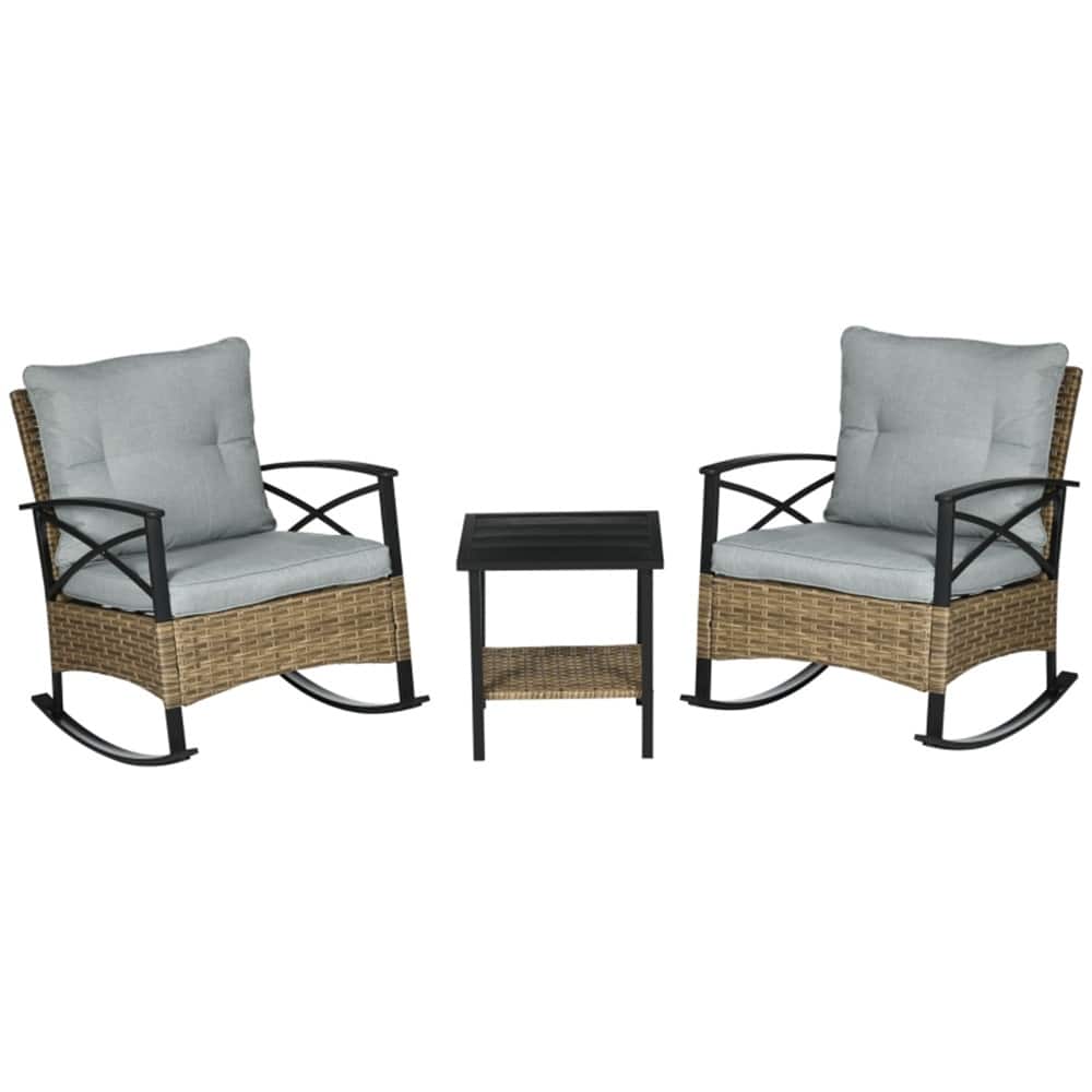 Light Gray Khaki PE Rattan Rocking Chair Set with Cushions and Table - 25.25" W x 34.75" D x 31" H