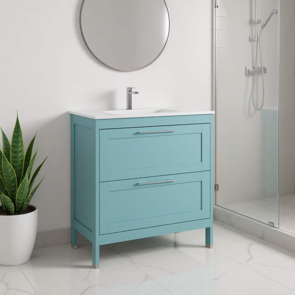 HomeRoots 32" Blue Wood Freestanding Bathroom Vanity With White Sink And Two Drawers - 32.00 in. x 35.06 in. x 17.75 in.