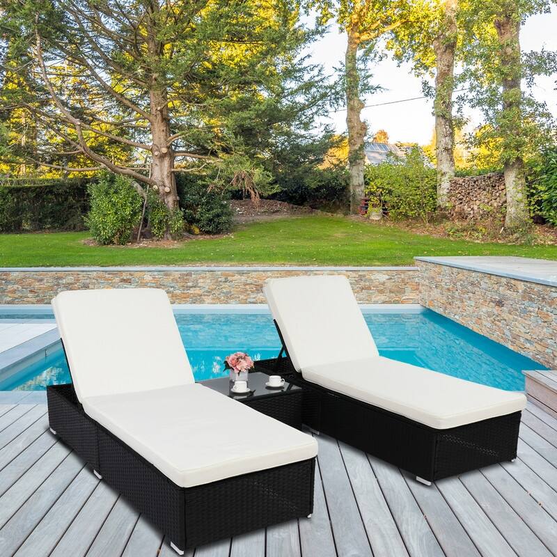 Outdoor 3-Piece Wicker Chaise Lounge Set, Beige Cushions and Black Wicker