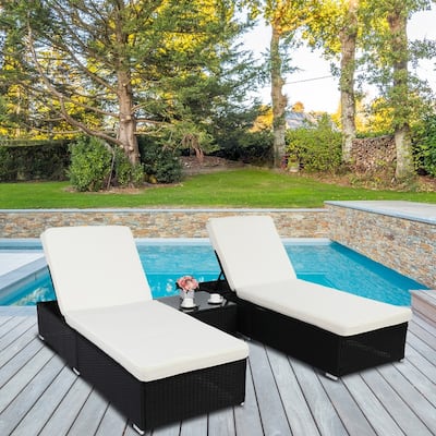 Outdoor 3PCS Wicker Chaise Lounge Set,Beige Cushions and Black Wicker