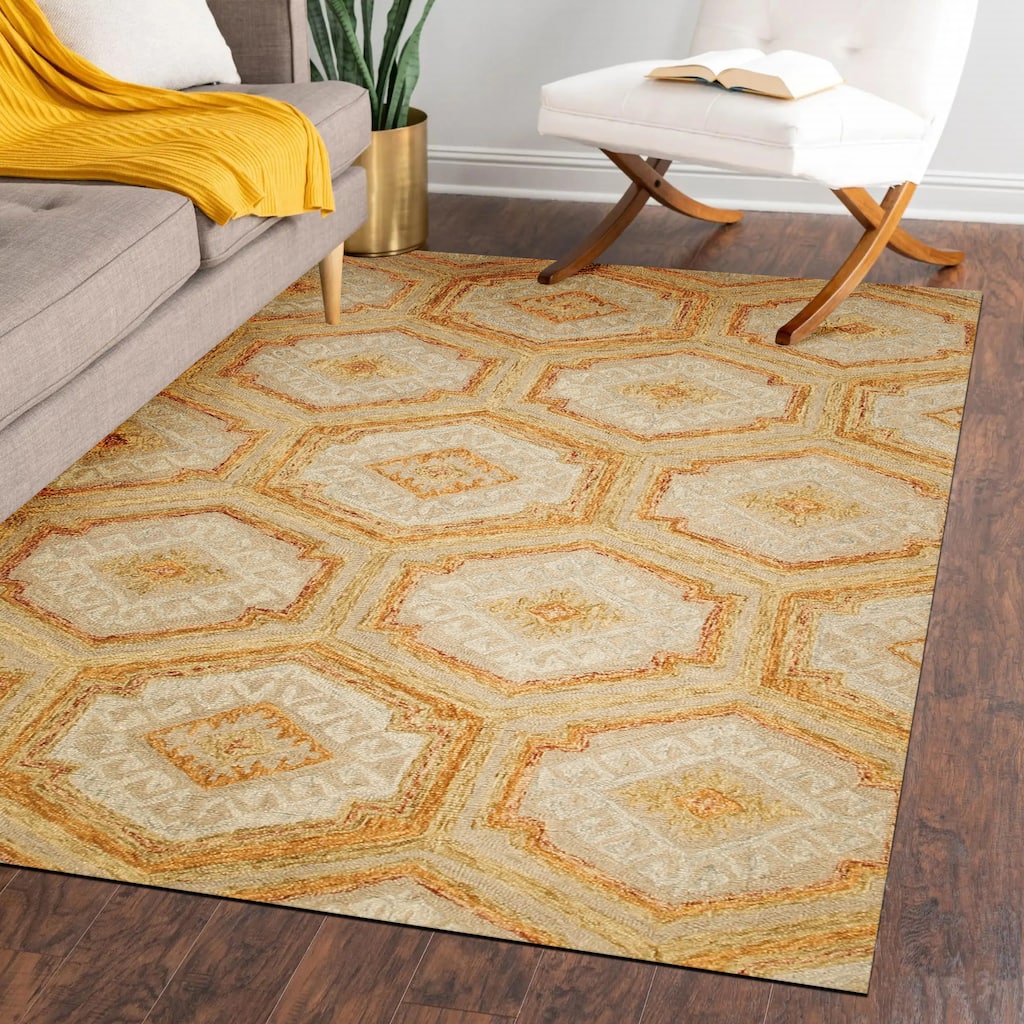 EORC Hand-Tufted Wool Geometric Rug | Elegant Gold Area Rug for Living - 5' x 8'