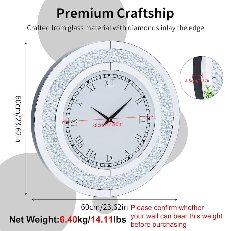 Glam Crush Diamond Inlay Round Wall Clock Decorative Mirror Clock
