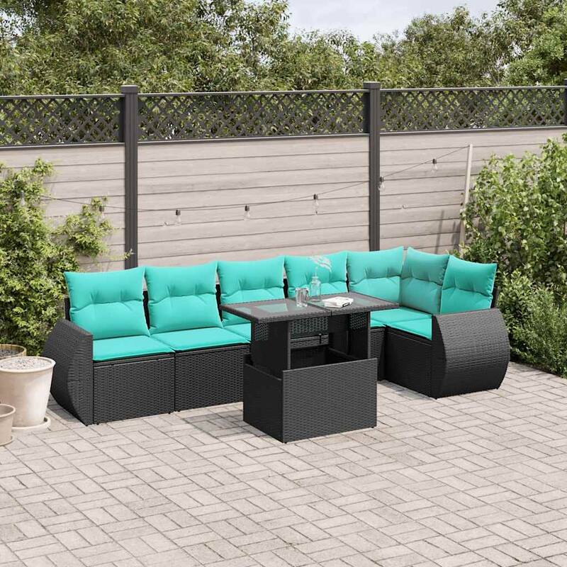 vidaXL Patio Sofa Set with Cushions and Table Outdoor 7 Piece Poly Rattan - 24.4 x 24.4 x 27.2 - Black