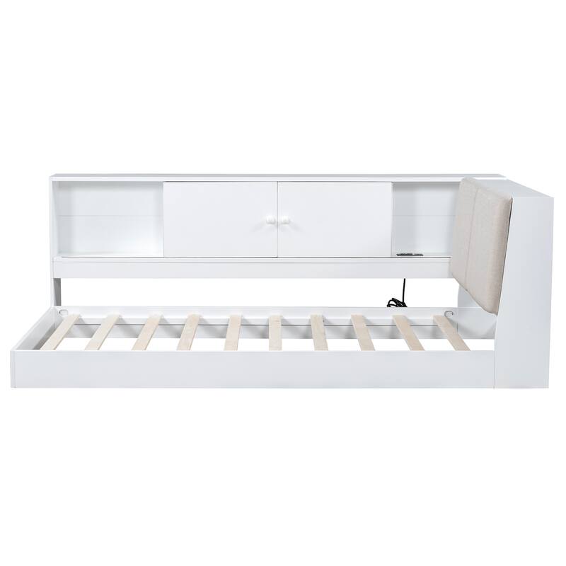 L-shaped Daybed Wooden Corner Sofa Bed Frame with Sliding Doors Bookcase Captains Bed, Upholstered Headboard Built-in Storage