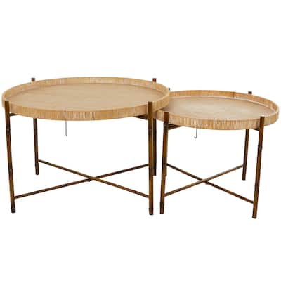 Rattan Nesting Accent Table with Metal Bamboo Inspired Legs - Set of 2 Brown - Roche River Decor - 32"W x 32"L x 20"H