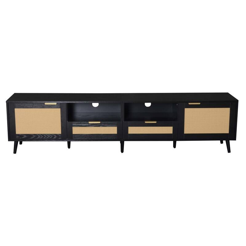 Farmhouse Rattan TV Stand Media Console, for TVs up to 85" with 2 Storage Cabinets and 2 Open Shelves, for Living Room