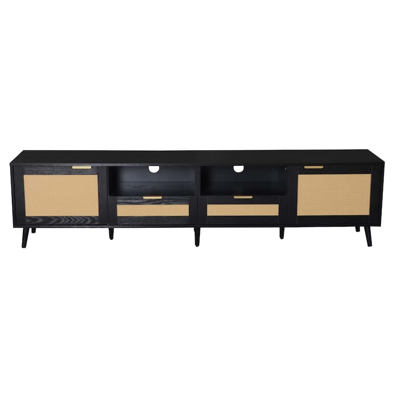 Rattan TV Stand for TVs up to 85'', Modern Farmhouse Media Console, Entertainment Center with Solid Wood Legs