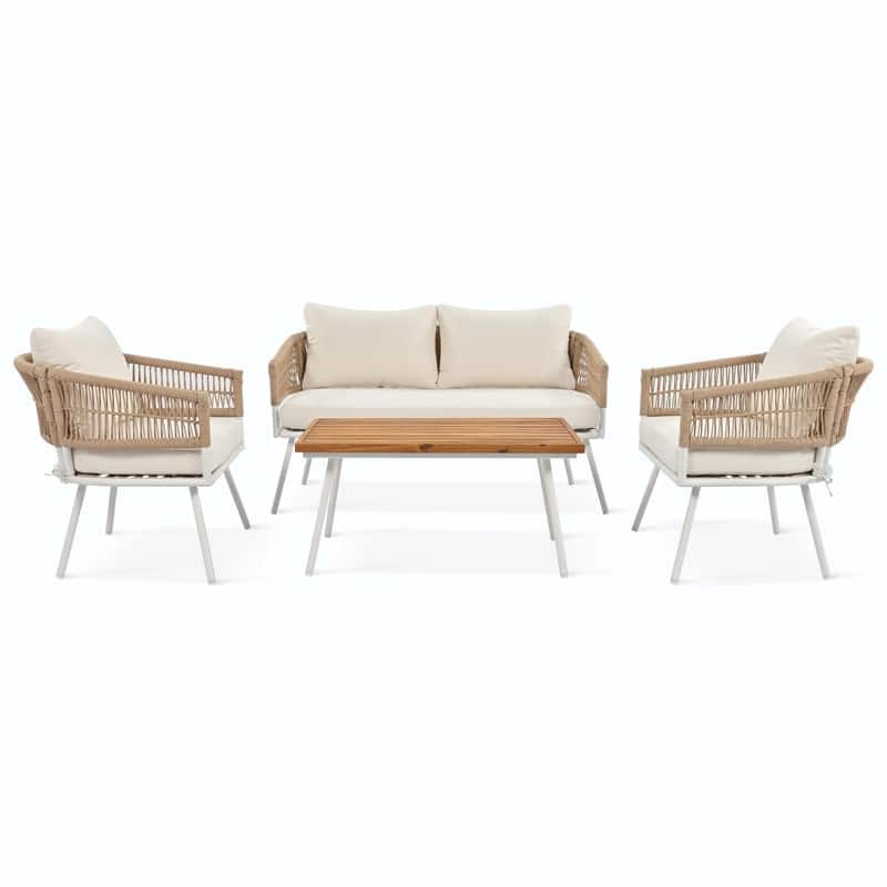 4-Piece Boho Rope Patio Furniture: Outdoor Seating with Acacia Wood Table, Thick Cushions