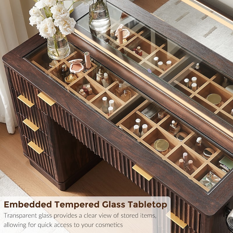 Modern Fluted Makeup Vanity Desk with Mirror, Lights, Charging Station