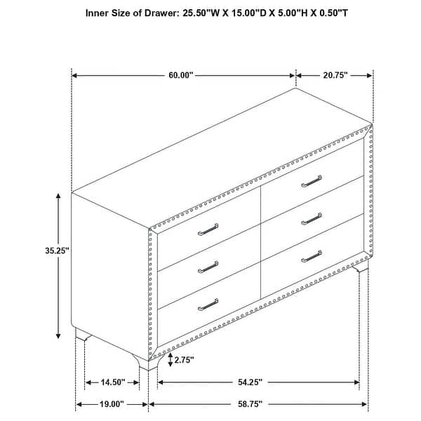 dimension image slide 3 of 4, Melody Modern Classic 6-drawer Upholstered Bedroom Dresser
