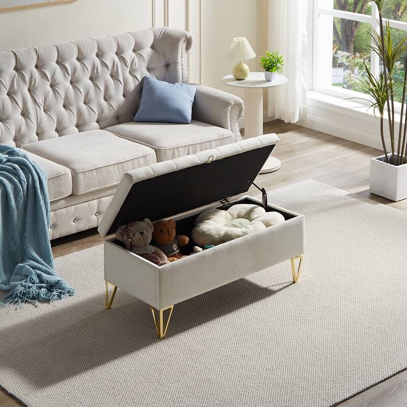 Rectangular Velvet Storage Ottoman - Sturdy Frame, Easy Leg Installation