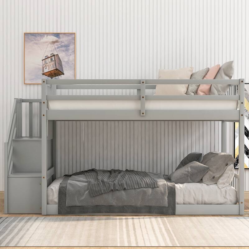 Twin Size Floor Bunk Bed w/Stairs, Twin Over Twin Wood Bunkbeds Frame